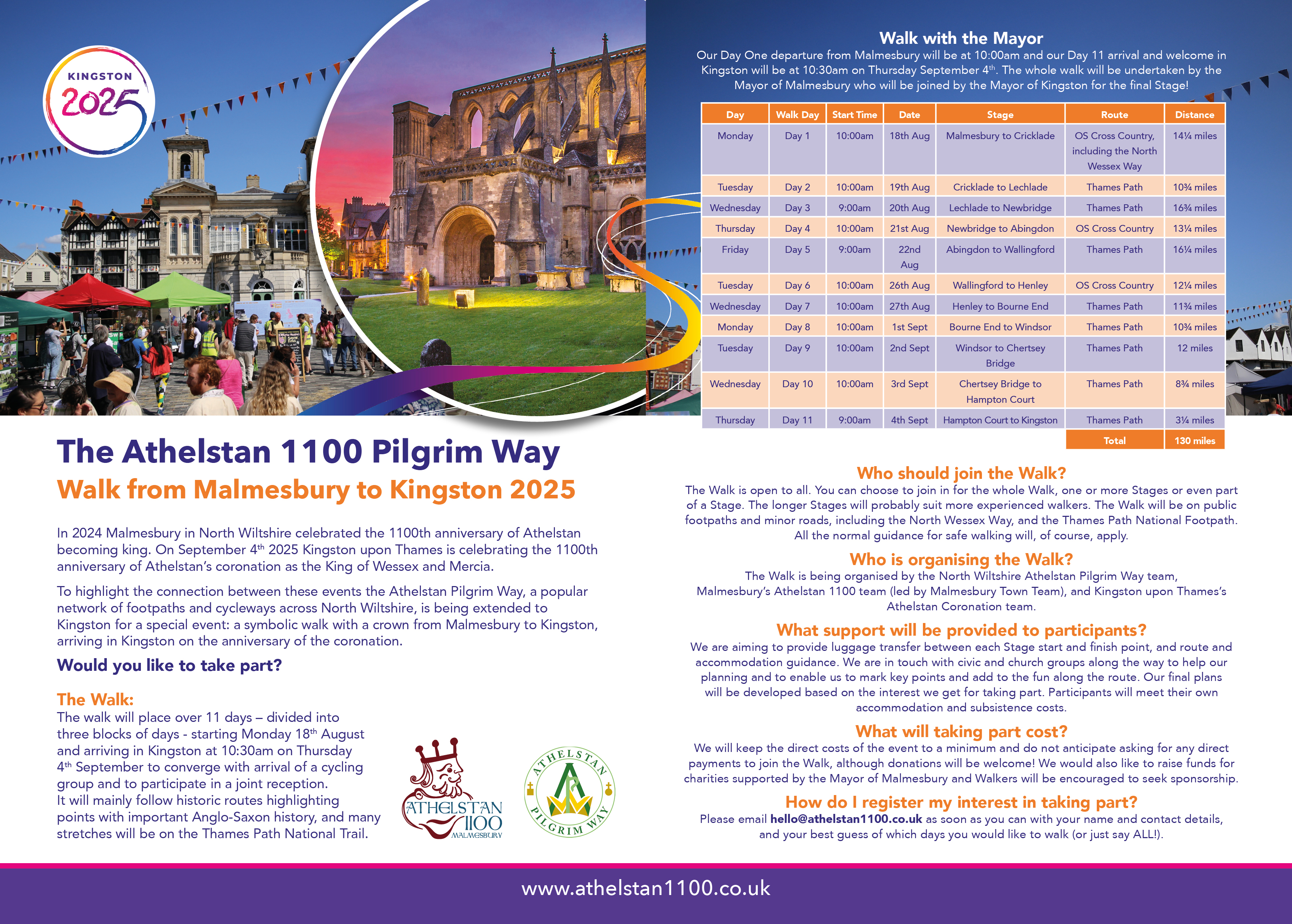 The Athelstan 1100 Pilgrim Way Walk from Malmesbury to Kingston - Starting 18th August